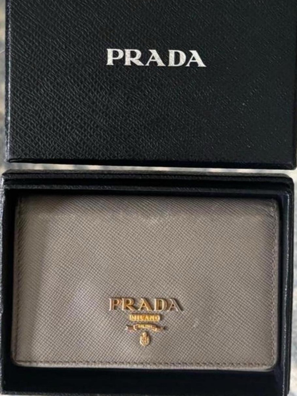 Prada Saffiano Leather Bi-Fold Wallet in Taupe with Gold Logo